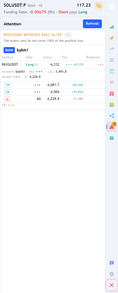 Attention tab pointing out a position whose targets do not cover the whole size, with the account, the side, the entry and the stop and take profit orders listed below.
