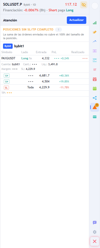 Pestaña Atención señalando una posición cuyos objetivos no cubren el tamaño entero, con la cuenta, el lado, la entrada y las órdenes de stop y take profit listadas debajo.