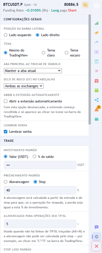 Aba de configurações com as seções Gerais e Trade: posição da barra lateral, tema, aba principal ao trocar de símbolo, selo de risco no cabeçalho, investimento padrão e preenchimento padrão pelo stop.