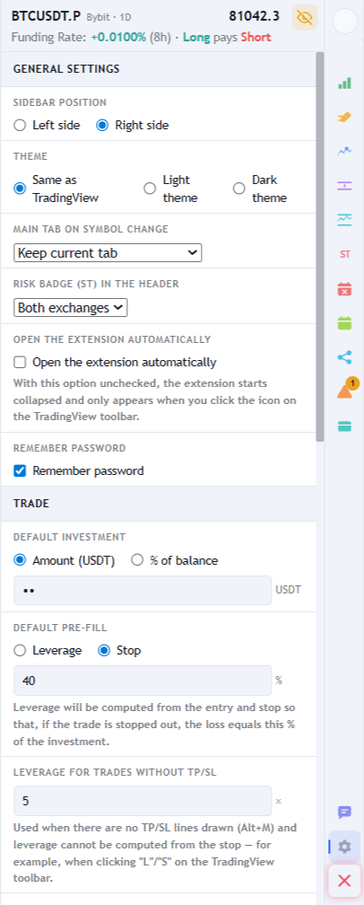 Settings tab with the General and Trade sections: sidebar position, theme, main tab on symbol change, risk badge in the header, default investment and default fill from the stop.