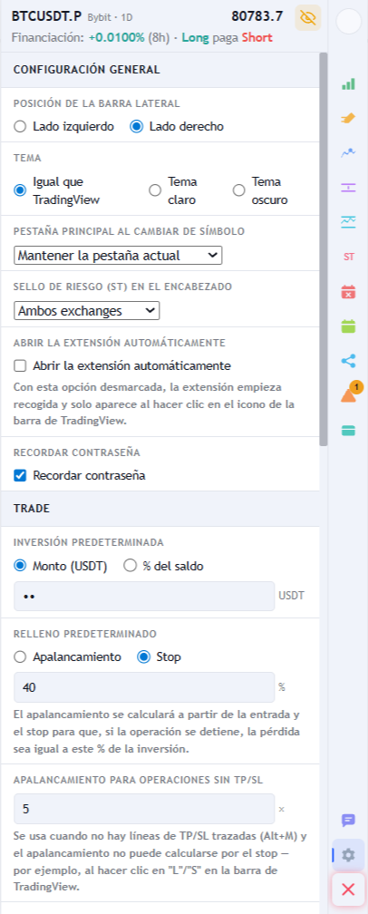 Pestaña de configuración con las secciones Generales y Trade: posición de la barra lateral, tema, pestaña principal al cambiar de símbolo, sello de riesgo en la cabecera, inversión por defecto y relleno por defecto según el stop.