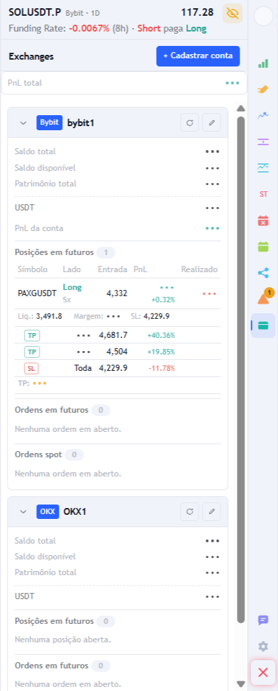 Lista de contas na aba Exchanges: cartões recolhíveis por conta, com saldos mascarados, posição em futuros com PnL e as linhas de stop e take profit.