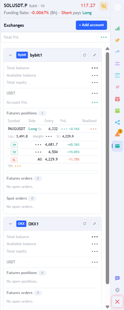 Account list in the Exchanges tab: collapsible cards per account, with masked balances, a futures position with PnL and the stop and take profit lines.