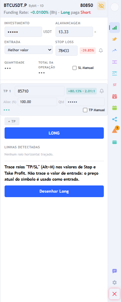Formulário da aba Trade com investimento, alavancagem calculada, entrada, stop loss com o percentual de perda e um take profit com percentual de ganho e relação risco/retorno.