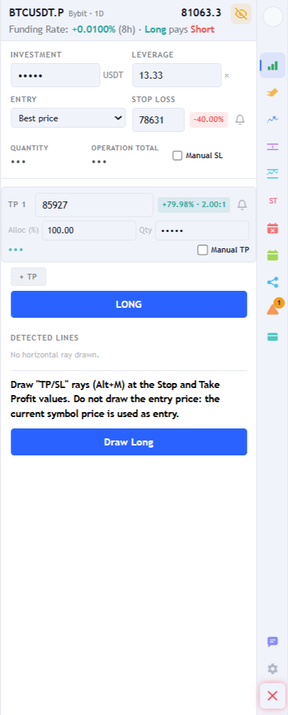 Trade tab form with investment, calculated leverage, entry, stop loss showing the loss percentage and a take profit with gain percentage and risk/reward ratio.