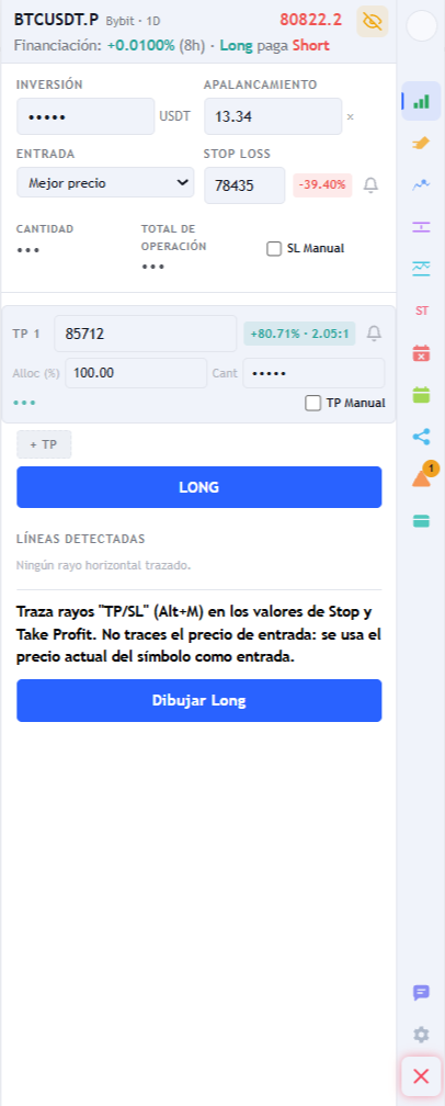 Formulario de la pestaña Trade con inversión, apalancamiento calculado, entrada, stop loss con el porcentaje de pérdida y un take profit con porcentaje de ganancia y relación riesgo/beneficio.